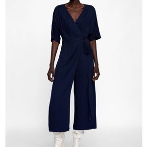 NWOT ZARA Navy Blue Wide Leg Crop Wrap Jumpsuit- Size S